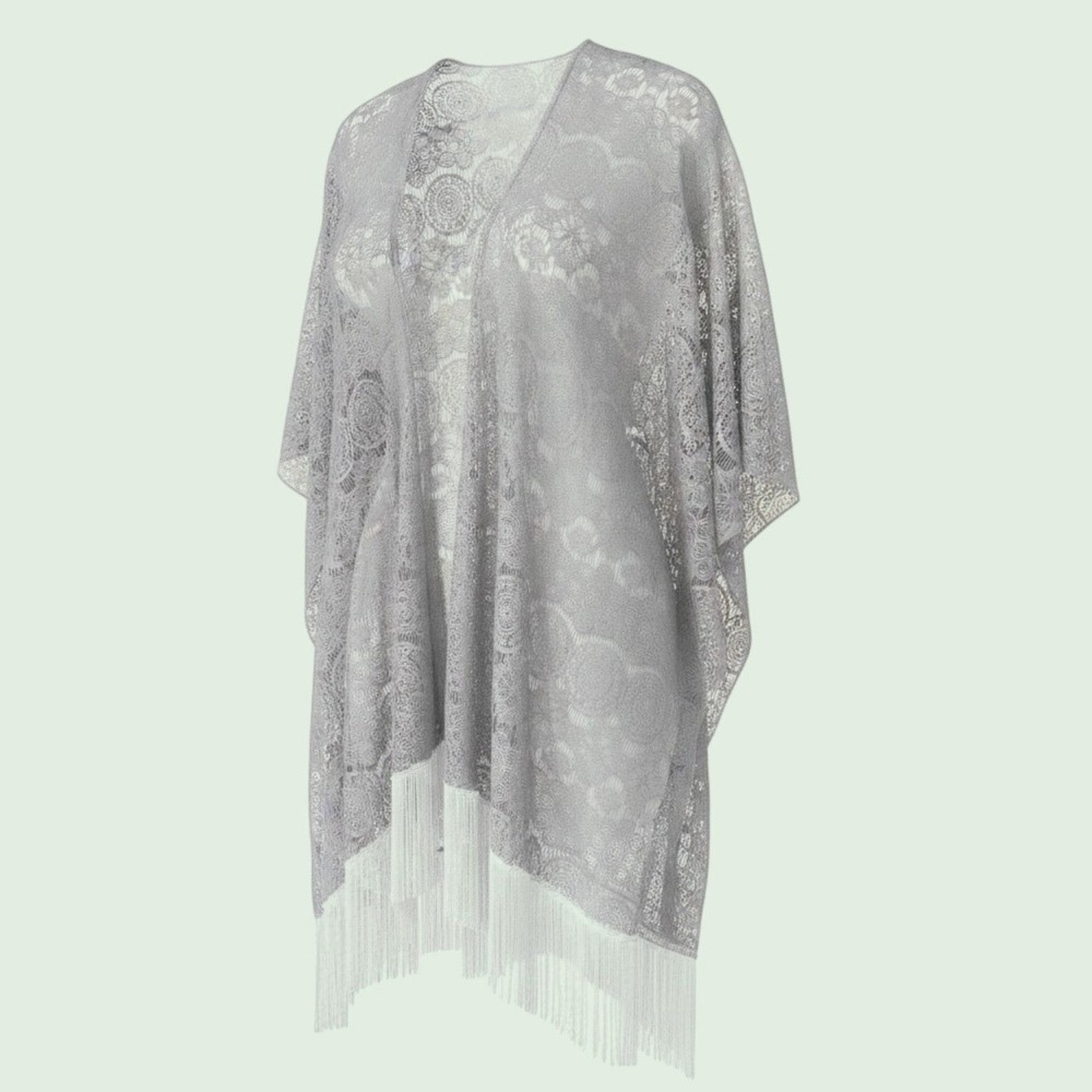 Gray Lace Kimono Boho Romantic Duster Wrap White Fringe Tassel Hem - One Size